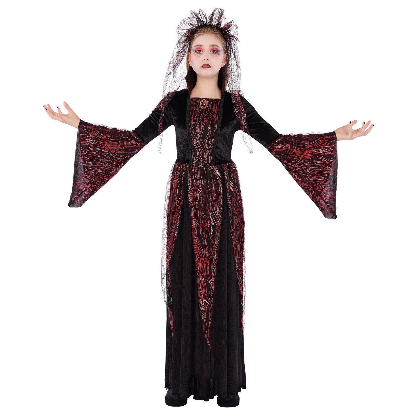 Fire Vampiress Costume for Kids, Black and Red Dress