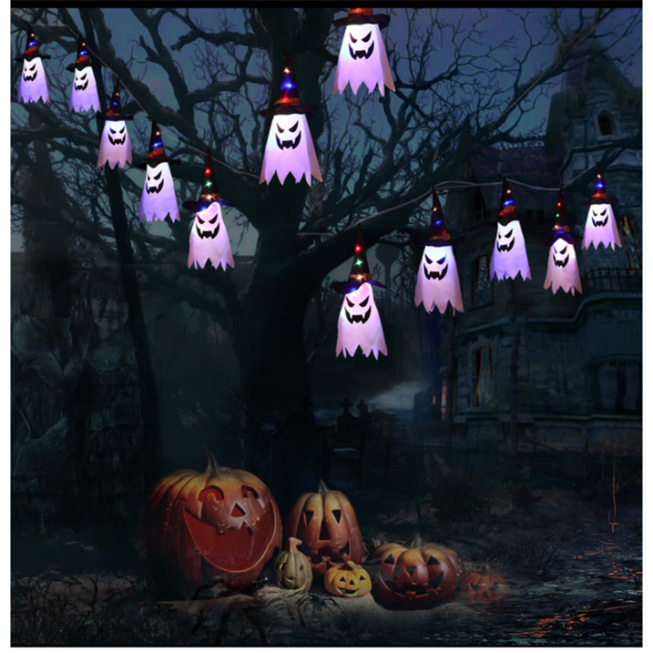 Halloween Decorations Outdoor Flying Ghost Hats Hanging Witch Hat for Tree Decor with Lights