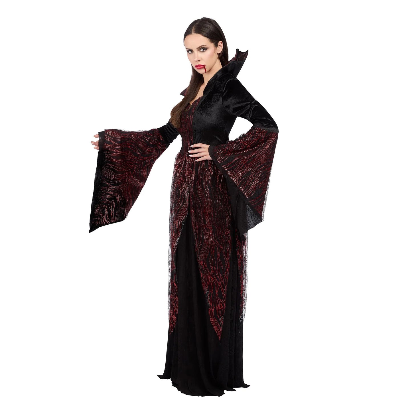 Fire Vampiress Costume for Adults, Black and Red Dress