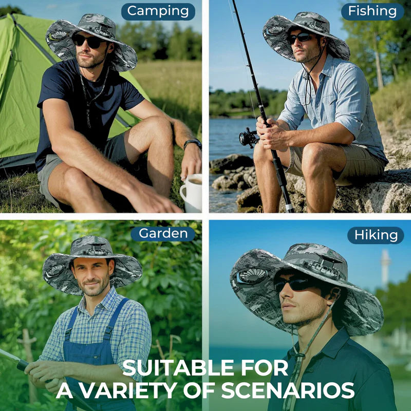 solar-powered hat with fan