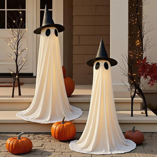 2 Packs Halloween Decorations Outdoor, 5 FT Ghost Decor with Remote Controlled String Lights USB or Battery Powered, Easy Assemble Ghosts Halloween Decorations for Front Door Porch Yard