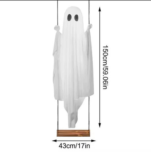 Halloween Decorations Outdoor - 5 FT Large Hanging Swing Ghost Halloween Decor with String Lights - Spooky Cute Ghosts Decorations for Front Porch Yard Tree