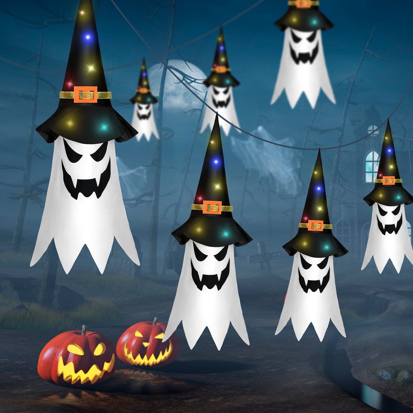 Halloween Decorations Outdoor Flying Ghost Hats Hanging Witch Hat for Tree Decor with Lights