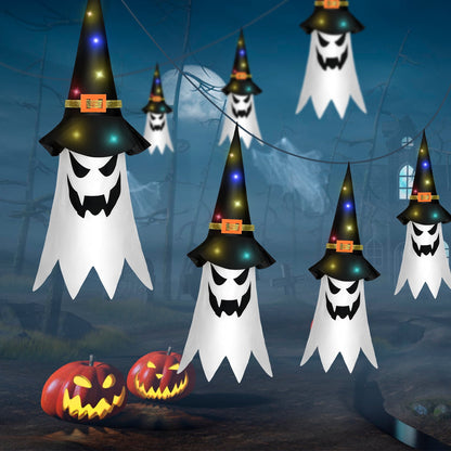 Halloween Decorations Outdoor Flying Ghost Hats Hanging Witch Hat for Tree Decor with Lights