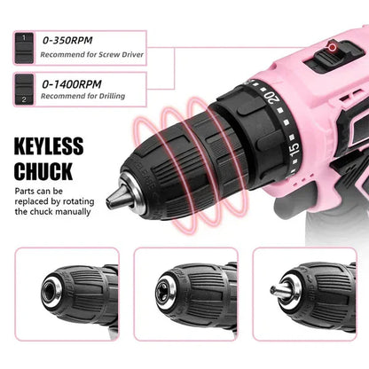 Pink Cordless Drill Driver Set