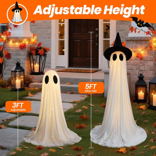 2 Packs Halloween Decorations Outdoor, 5 FT Ghost Decor with Remote Controlled String Lights USB or Battery Powered, Easy Assemble Ghosts Halloween Decorations for Front Door Porch Yard