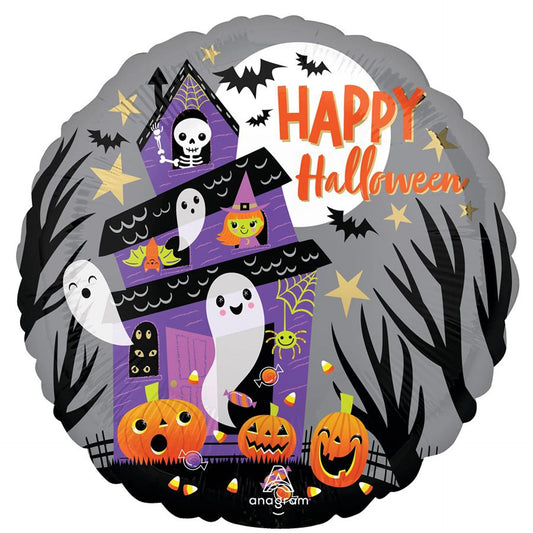 Halloween Haunted House Round Foil Balloon, "Happy Halloween"