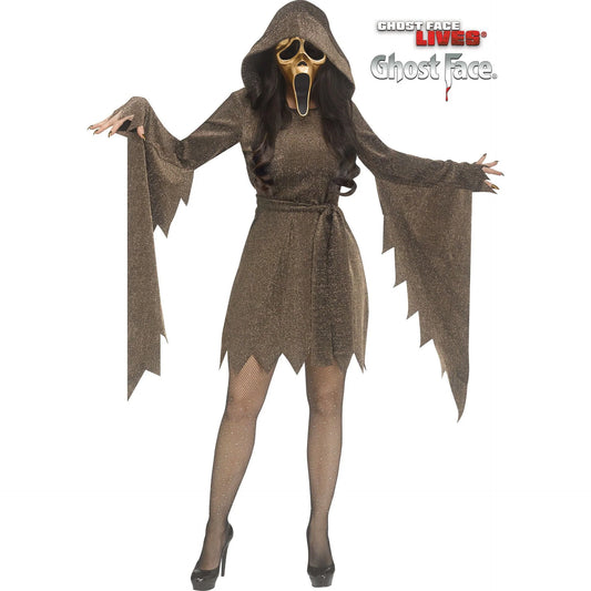 Shimmer Gold Ghost Face Costume for Adults, Gold Dress with Belt and Mask